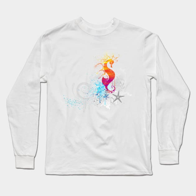 Sea horse drawn with paint Long Sleeve T-Shirt by Blackmoon9